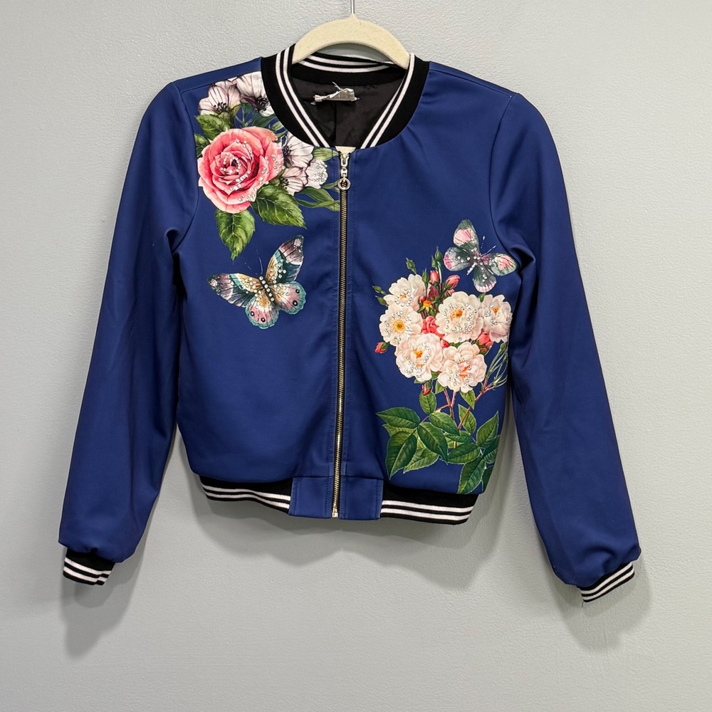 Hannah Banana Girls Blue Floral Butterfly Rhinestone Bomber Jacket Size 14